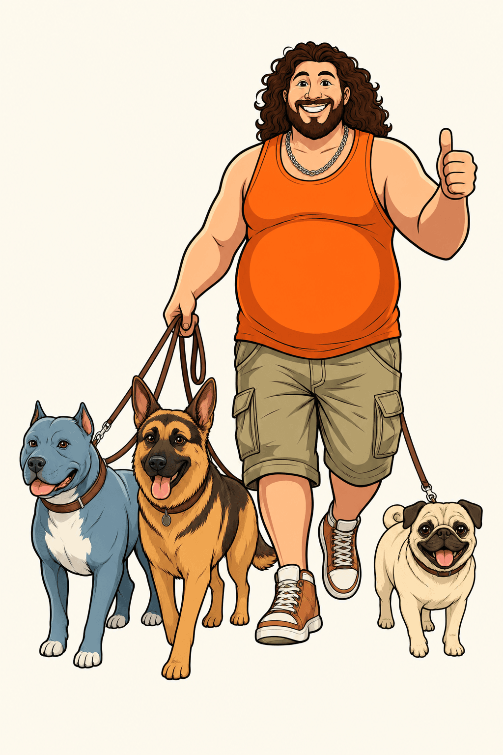 Friendly dog walker giving a thumbs up while walking three dogs